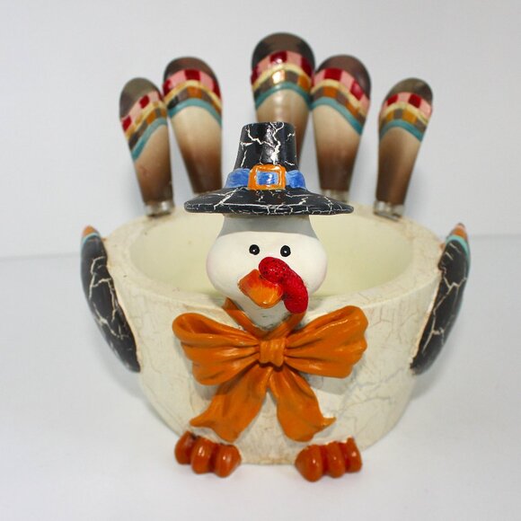 Thanksgiving Turkey Dip Resin Holder with Five Dip/Cheese Spreaders - Picture 1 of 13